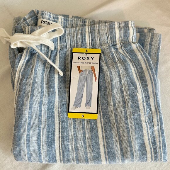 Roxy Pants - Roxy Women's Linen Blend Cargo Pant Size S Blue Cottagecore Coastal Boho Beach